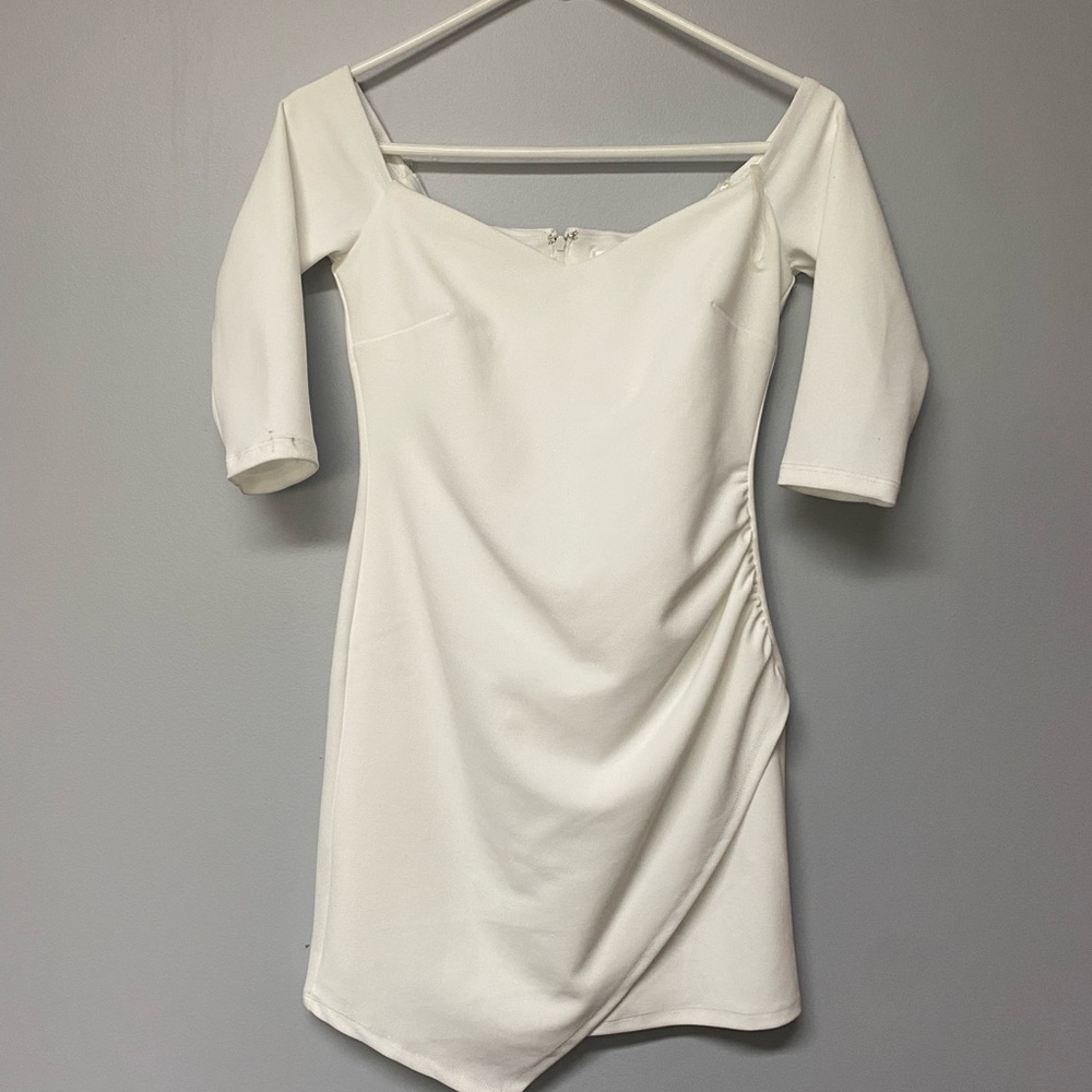 Crystal Doll Asymmetrical Off-Shoulder White Dress
